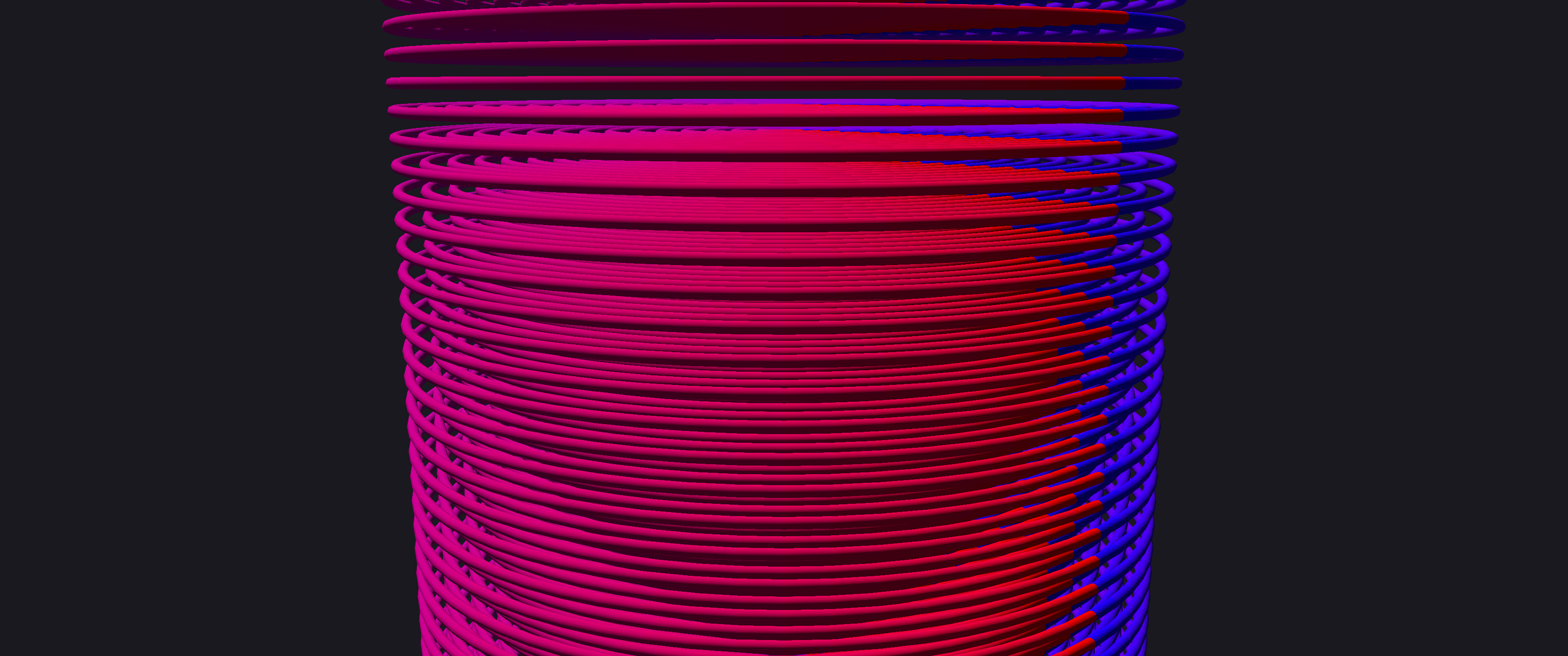 A stack of layers of concentric rings with a red-blue gradient along each one.