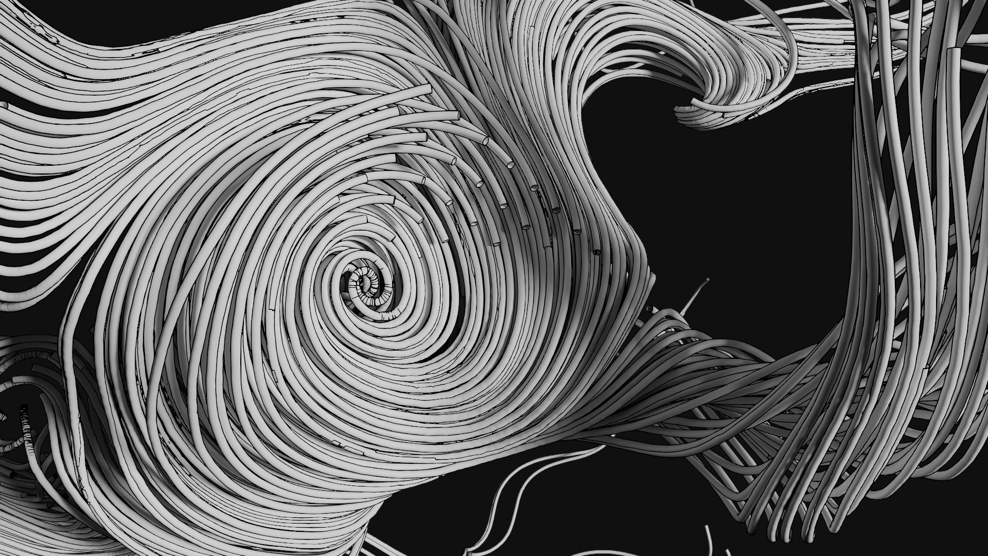 A spiraling shape made of white strands.